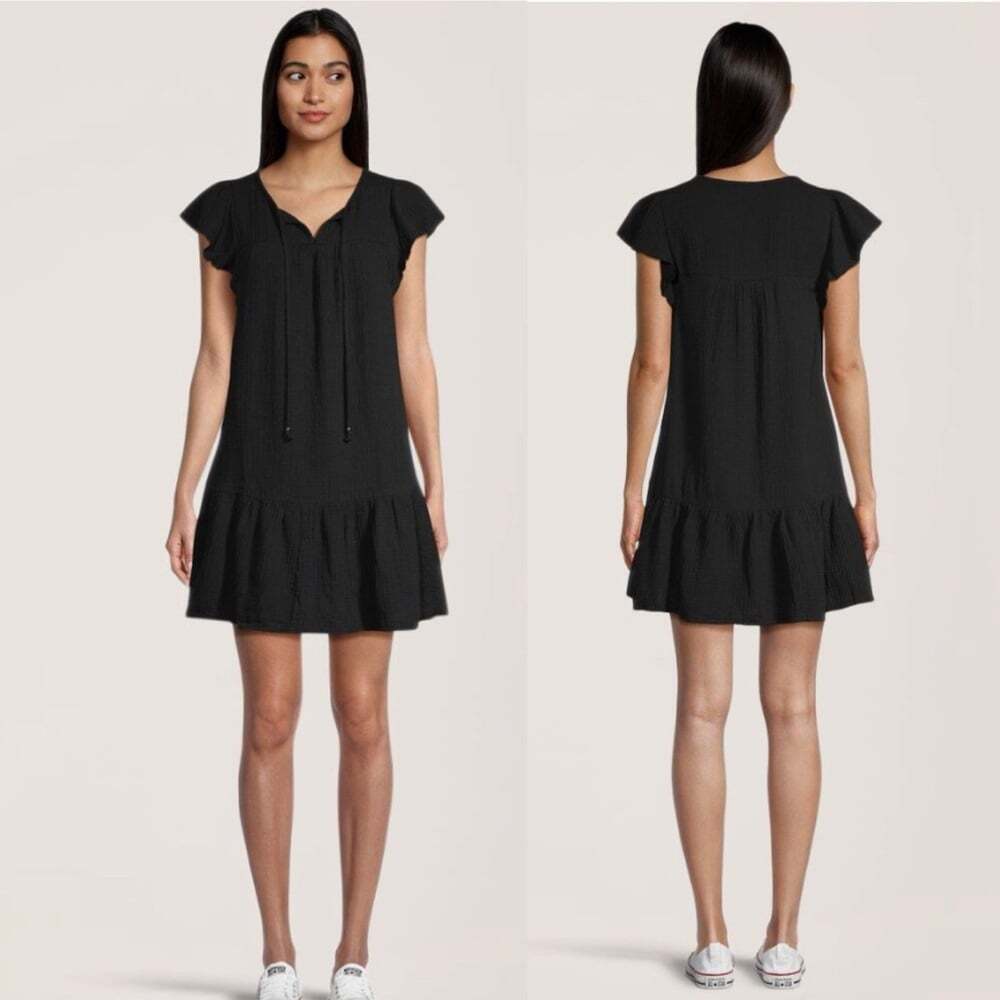 Denver Hayes Gauze Flutter Sleeve Dress Black Medium Relaxed Fit Midi Summer
